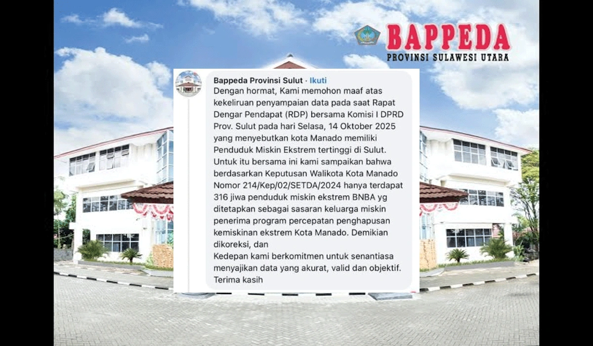 Bappeda Sulut Minta Maaf Usai Kota Manado Disebut Paling Tinggi Kasus Kemiskinan Ekstrem